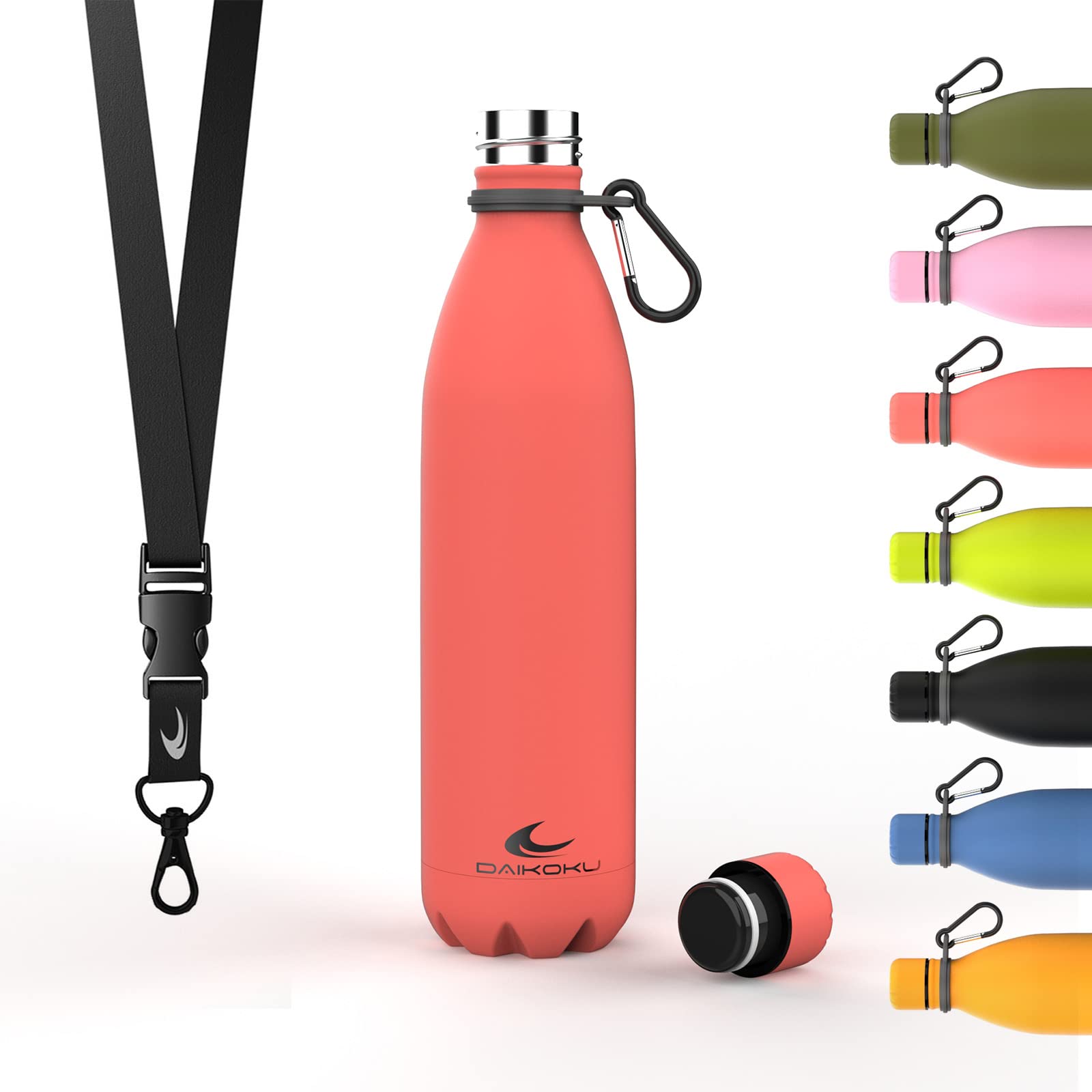 Daikoku Stainless Steel Bottle + Adjustable Strap + Carabiner, BPA Free Double Walled Thermos, Reusable Water Bottle, Airtight Cap, Colour Coral, Capacity 750 ML