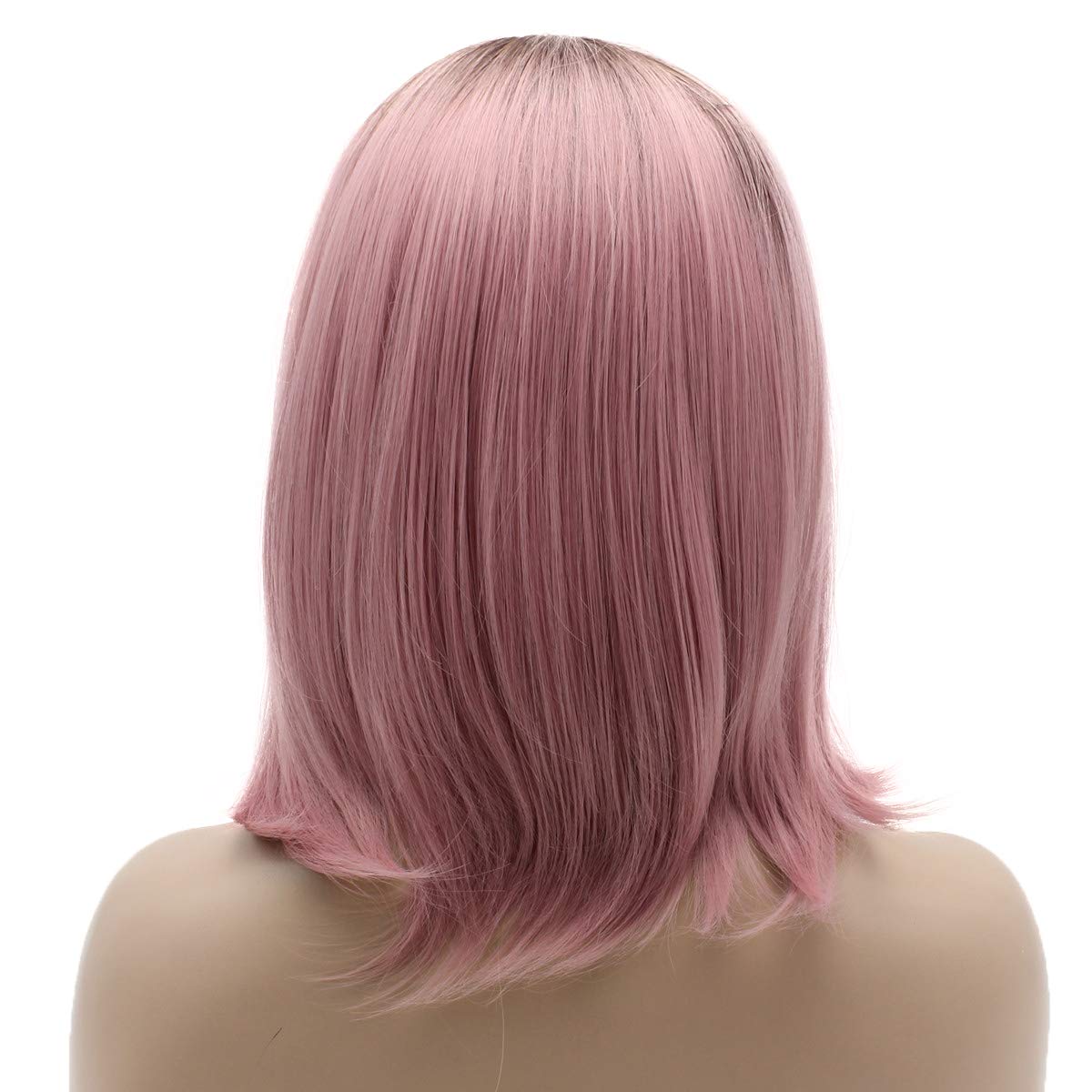 Lushy Hair Synthetic Lace Front Wig Straight Short 12inch Dark Root Pink Ombre Wig Heavy Density Heat Resistant Realistic Wig