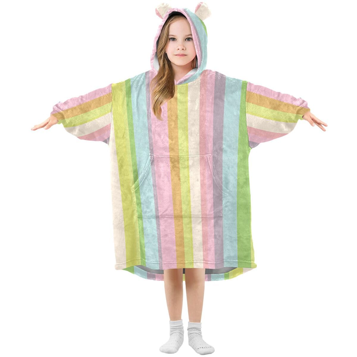Rowbin Stripes dziecięcy koc do noszenia z kapturem, oversize, bluza z kapturem, kolorowe paski, dla chłopców i dziewcząt w wieku 3-14 lat