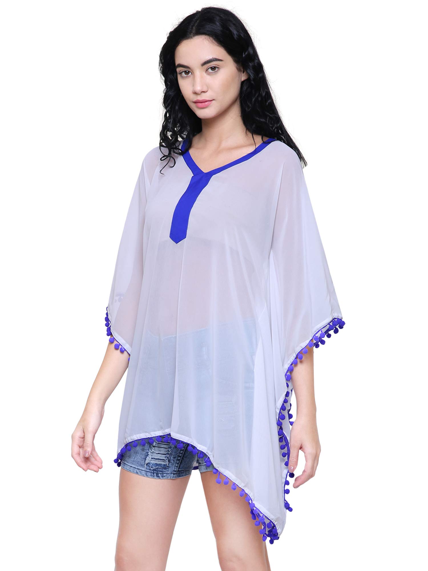 InTrend ForeverPoly Georgette White Kaftan Top with Pom Pom Lace Boho Beachwear Coverup Sarong Kimono Free Size for Women