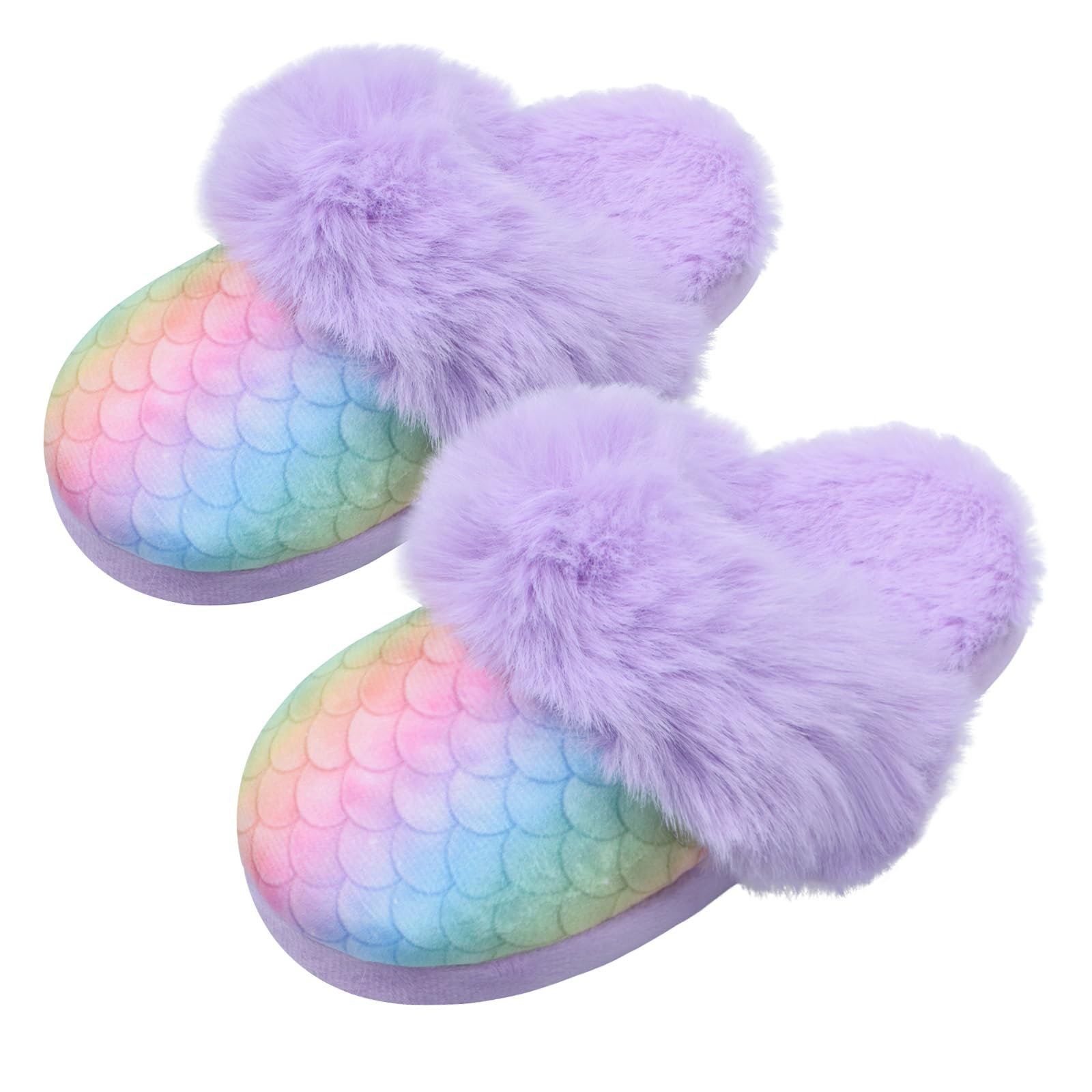 Girls Mermaid House Slippers Rainbow Faux Fur Non-Slip Comfy House Shoes for Kids Bedroom Indoor Outdoor