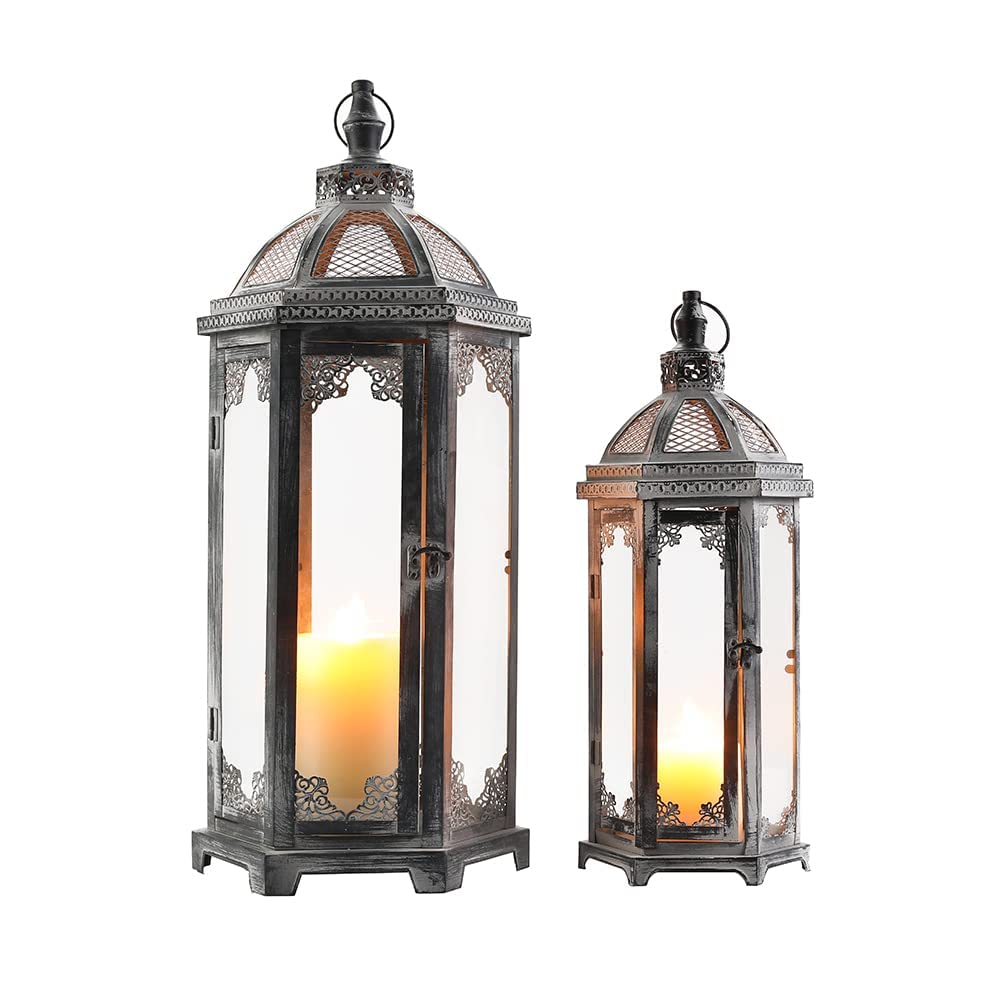 Set of 2 Outdoor Lantern 24.5"&18" High Decorative Candle Lanterns Metal Candle Holder with Tempered Glass Fall Decorations for Home Garden Patio Living Room Indoor Home Yard Hallway Doorway(Grey)