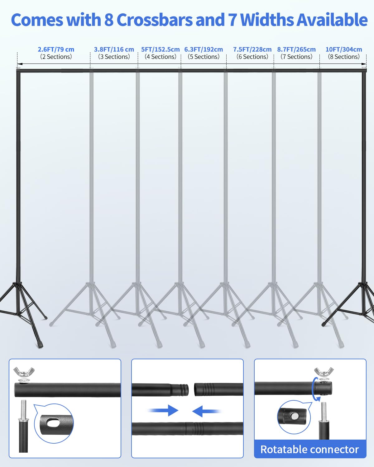 Support de toile de fond de 3 x 2,4 m, kit de support de toile de fond réglable avec 6 pinces et sac de transport pour fêtes, événements, décoration, studio photo, vidéo, anniversaire
