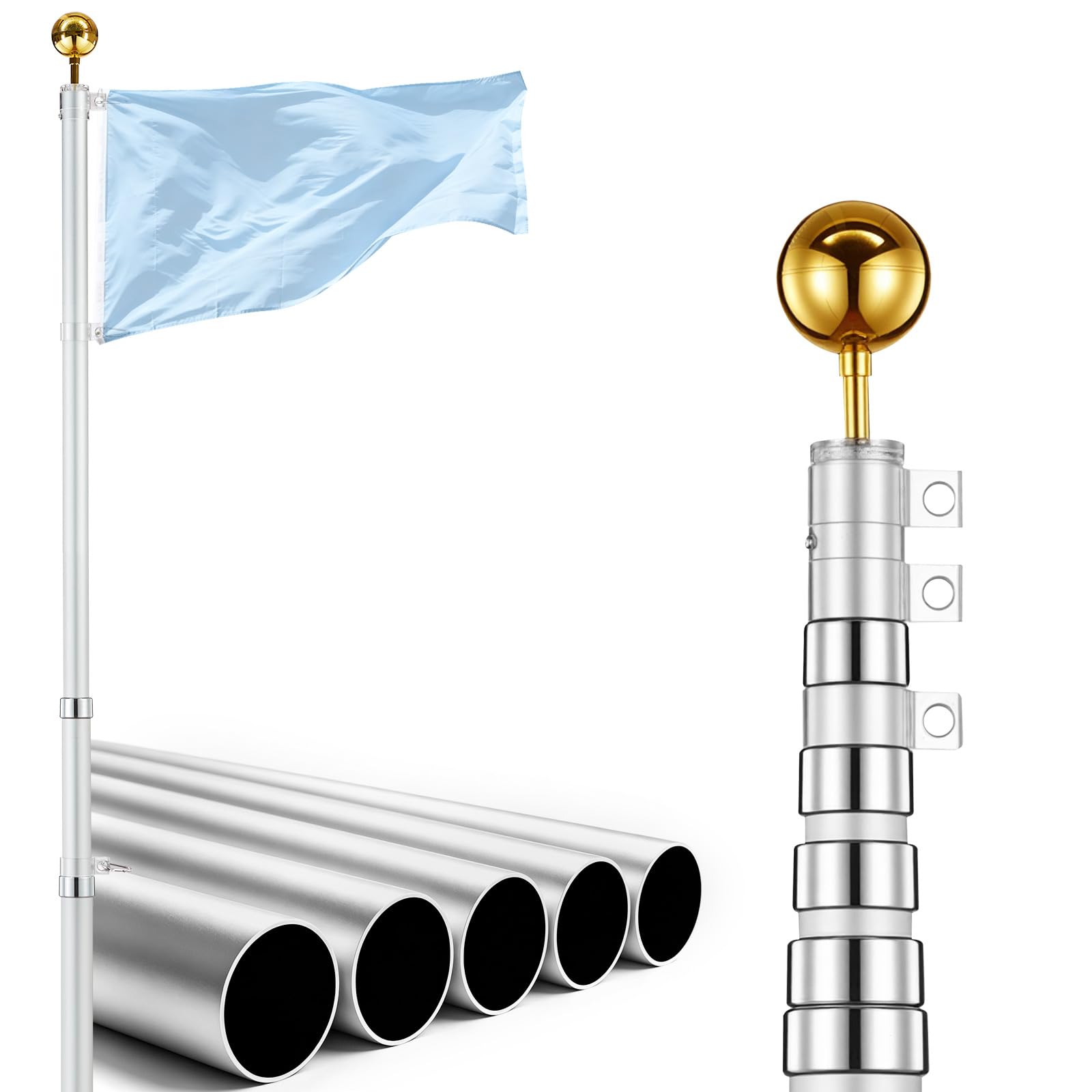 VEVOR Mástil de Bandera Telescópico para Exterior 9,14 m Asta para Bandera, Tubo Grueso de Aluminio Reforzado, Kit Completo de Instalación, para Zona Residencial Comercial Eventos, Color Plateado