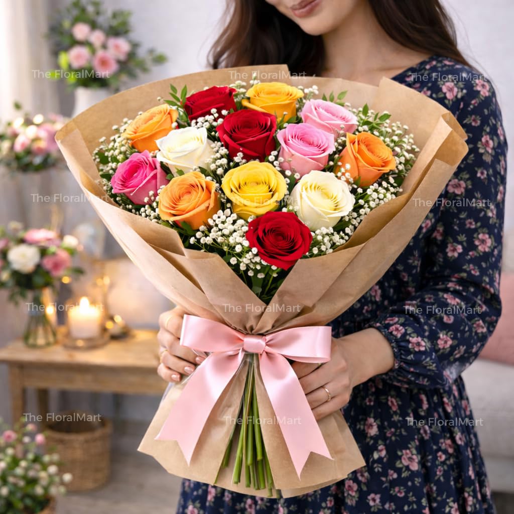 The FloralMart Fresh Flowers Bouquet of Roses in Stylish Wrapping with Seasonal Fillers, for Birthday Gift, Anniversary Gift, Women's Day (Multicolor, Bunch of 12, Paper Wrapping)-image-8