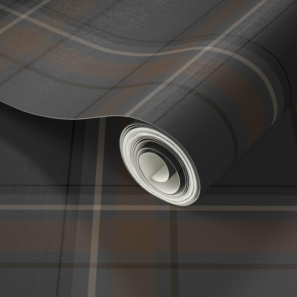 Peel & Stick Wallpaper Swatch - Vintage Brown Plaid,Retro Grey,Librarian Witchy,Grey Tartan,Brown Check,Dark Academia,Large Scale Custom Removable Wallpaper by Spoonflower