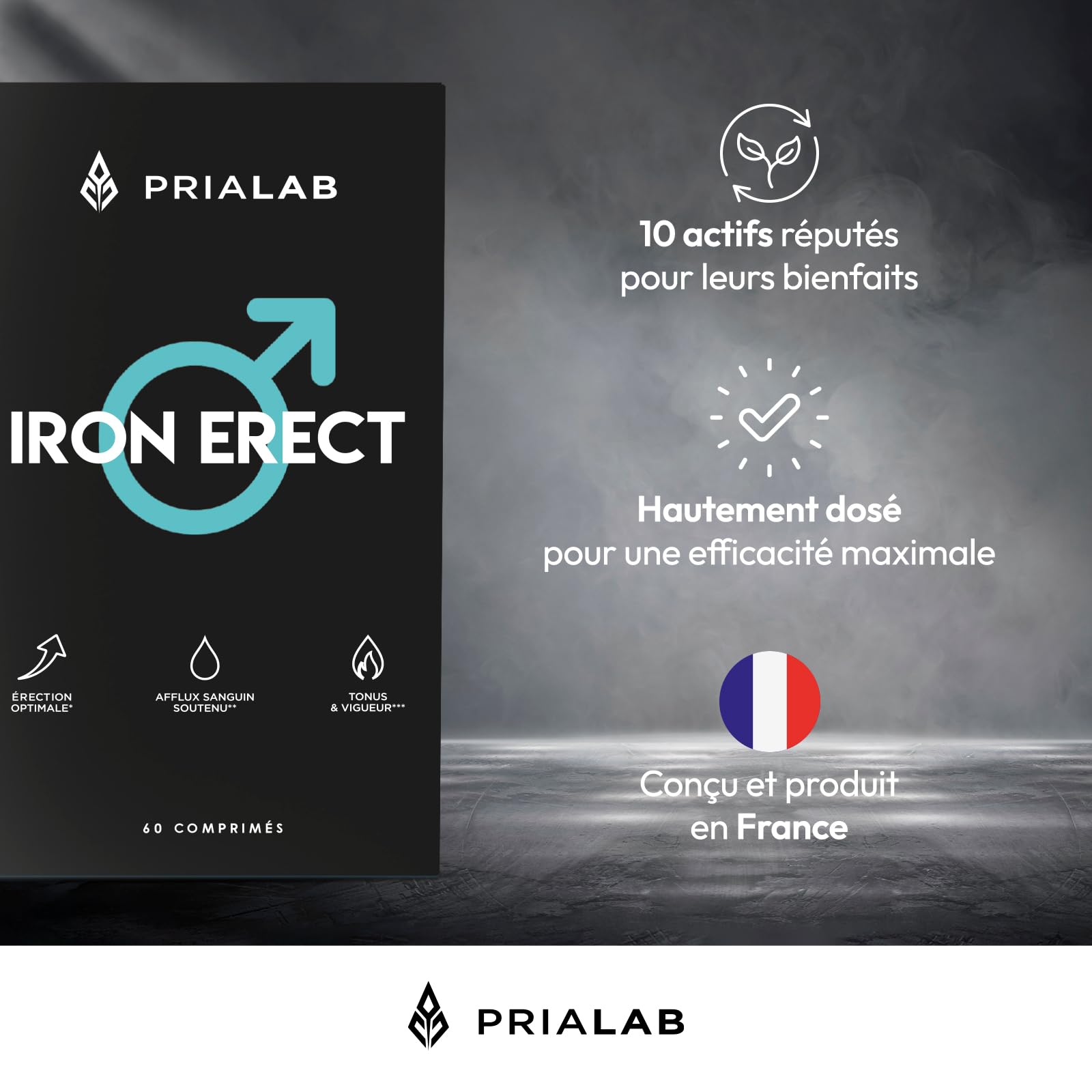 Iron Erect | Formule Virilité Homme | Tribulus, Safran, Ginseng, L-Arginine et Ginkgo | Energie | Aphrodisiaque Puissant | Circulation Sanguine | 60 Comprimés Vegan & Made in France | Prialab