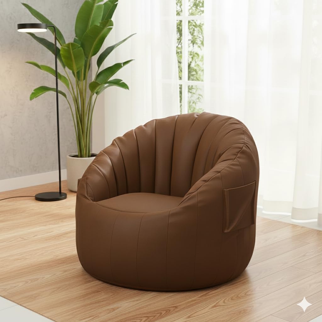 Premium Lounge Bean Bag Chair for Adults | Ultra-Comfort Leatherette Single Seater Sofa Chair | Modern Living Room Lounger with Side Pocket (Cover Only Without Beans) 5XL Bean Bag (TAN)-image-1