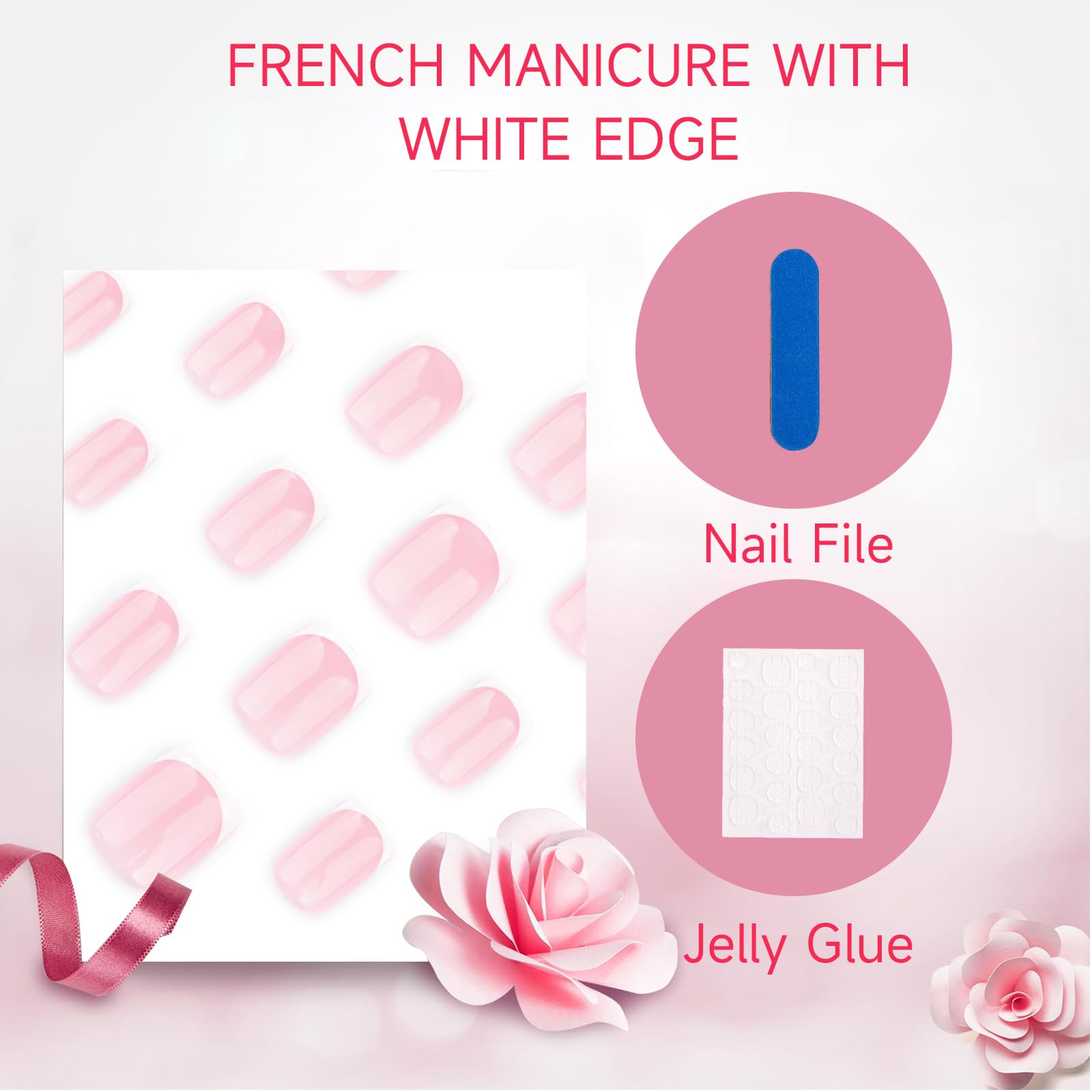 GlamRays French Tip Press on Nails Short Square dla kobiet, sztuczne paznokcie, zestaw samoprzylepnych paznokci, akrylowe, pełne krycie, klasyczne różowe białe obramowanie, 24 szt
