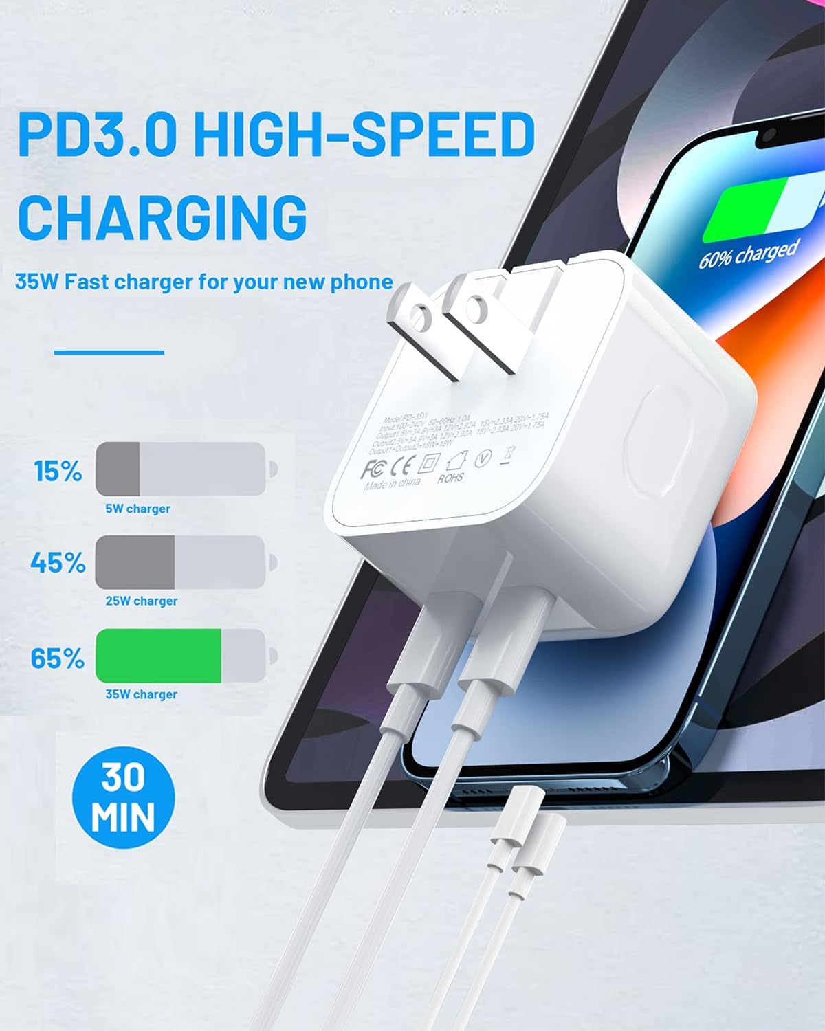 35W Dual USB-C Port Compact Power Adapter with 5FT C to C,Charging Cord for iPhone 16 15 14 13 12 11 Pro Max Plus,Samsung S25,Airpods,Mini,iPad,MacBook Air Foldable Type C Fast Wall Charger - Image 2