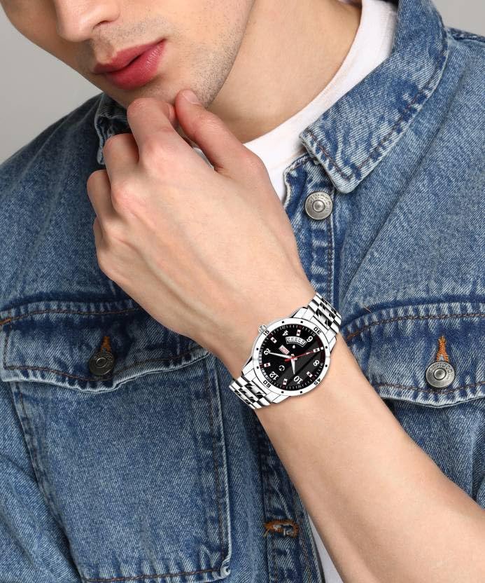 Image of Men's Analog wristwatch, Silver Stainless Steel Strap Blue Day & Date Dial, Water Resistant, Formal & Casual Wear, Gift Watch for Men