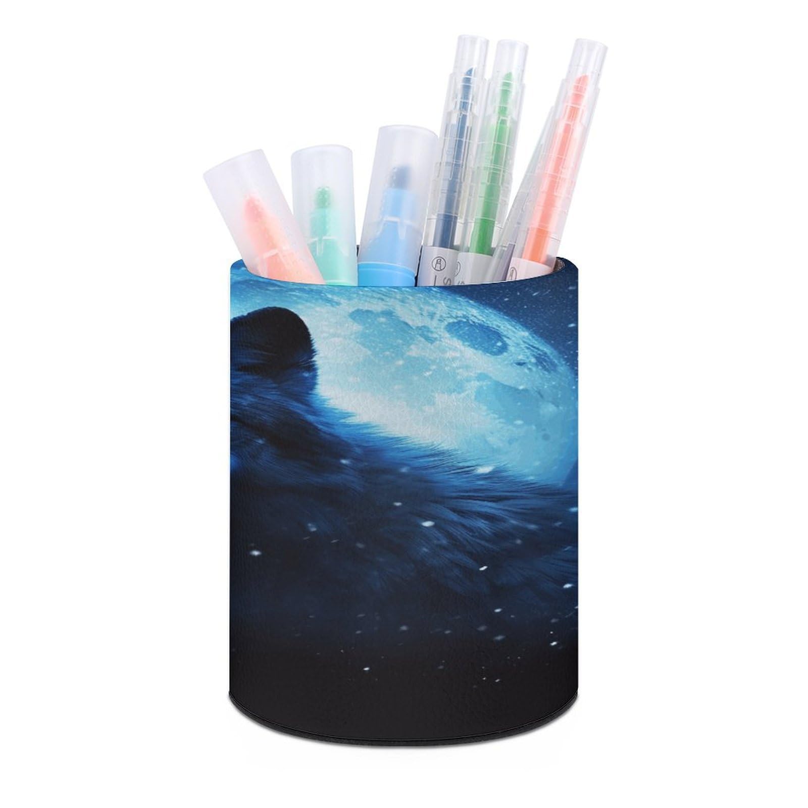 VstaDank Wolfs Pen Holder PU Leather Pencil Cup Minimalist Desk Pencil Holder Round Make Up Brush Organizers For Office Dorm Room&Vanity Desk Accessories