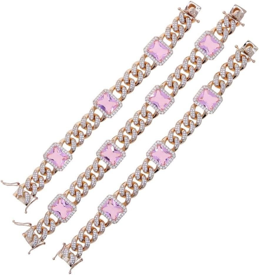 14K Gold Over 925 Silver 12mm Radiant Cut Moissanite Bracelet,Cuban Link Bracelet for Women,Hip-Hop Style Bracelet with Radiant Moissanite and Pink Crystal,Ideal for Holiday Wear
