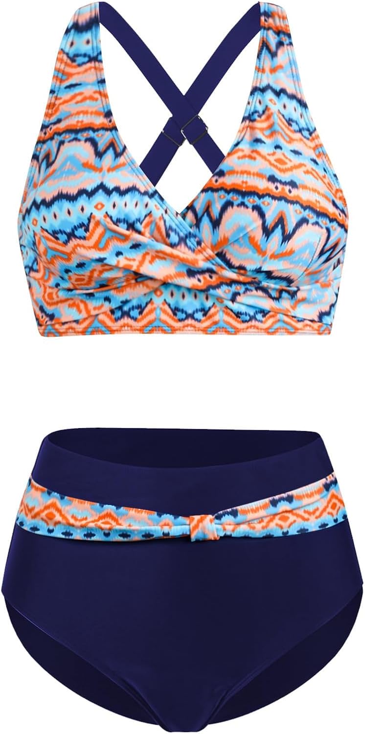 SEAFORM Womens Two Piece Swimsuits Wrap Front Bikini High Waisted Bottom Tummy Control Bathing Suits Vintage Print Swimwear