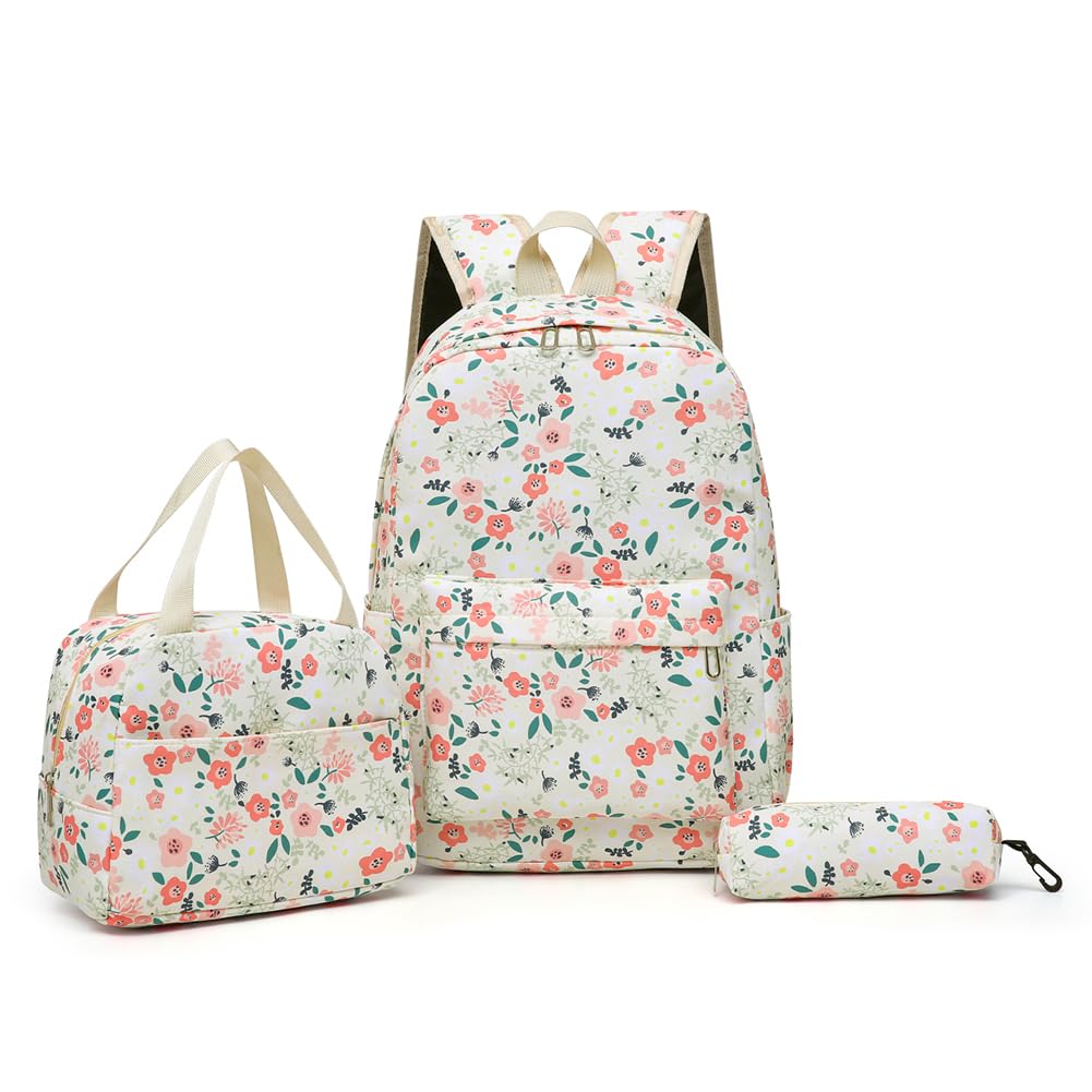 Fiorky Floral Backpack School Kawaii Backpack For Girls, 3Pcs Floral Backpack Set Primary Students Backpack with Lunch Bag & Pen Case Simple Travel Backpack Large Capacity Outdoor Travel Bag