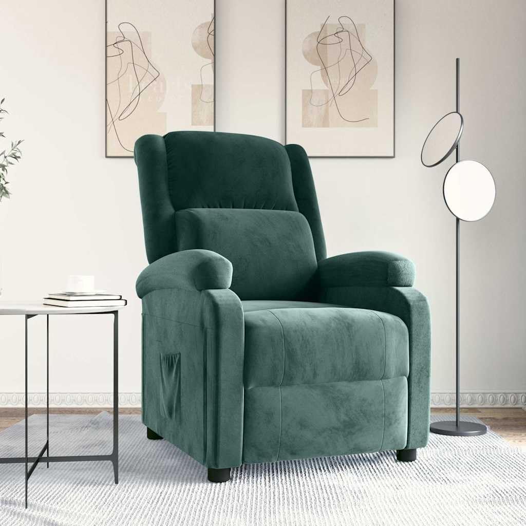 Fotel relaksacyjny, ciemnozielony aksamit z ręczną funkcją leżenia, regulowane oparcie i podnóżek, 70 x 93 x 98 cm, tapicerowany fotel do salonu i sypialni