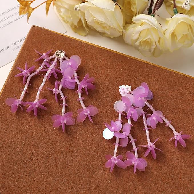 2 Pcs Sequin Woven Artificial Flower, Beaded Tassel Crafts Decor Accessories for Making Hair Clip Earrings, Purple