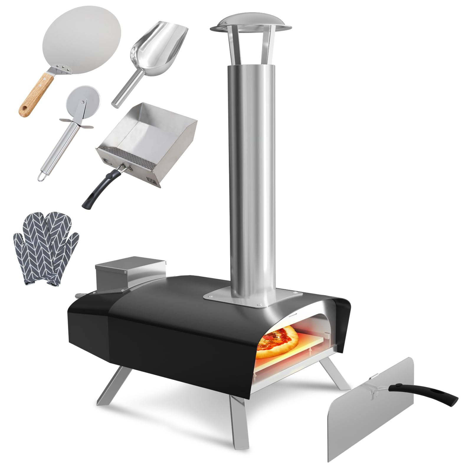 Garvee Zewnętrzny piec do pizzy ze stali nierdzewnej, 30 cm, z granulatem drzewnym i kamieniem do pizzy, przenośny piec do pizzy opalany drewnem, na kemping, imprezy i podwórko (czarny)