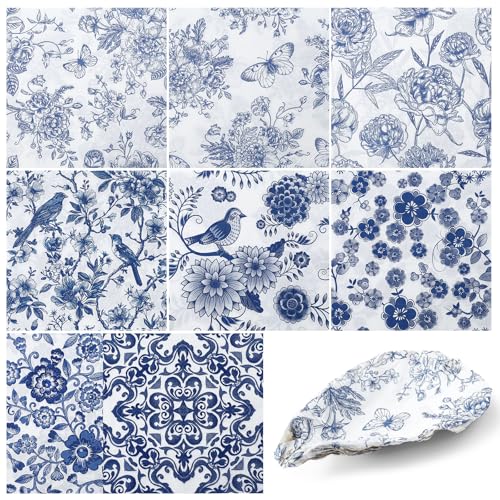 16 Pcs 8 Styles Decoupage Napkins Blue and White Floral Paper Napkins