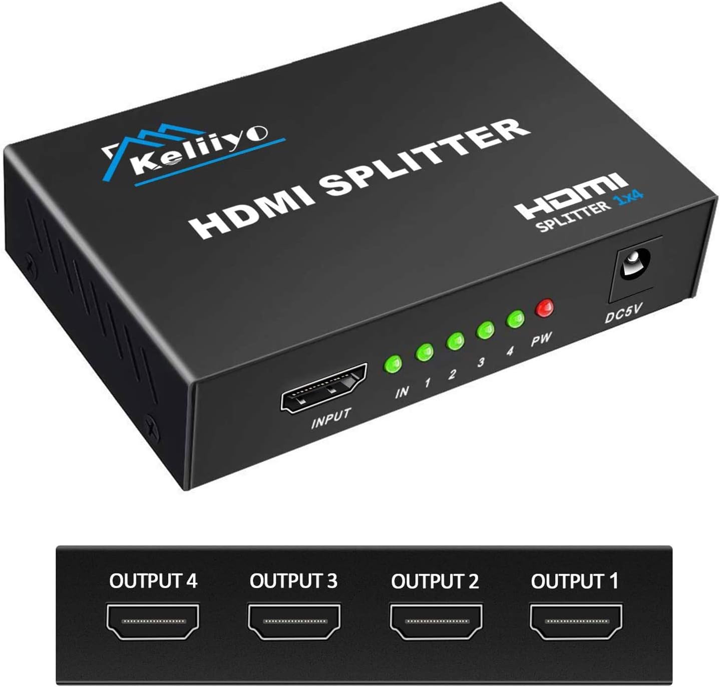 HDMI Splitter 1 in 4 Out V1.4b Powered HDMI Video Splitter with AC Adaptor Duplicate/Mirror Screen Monitor Supports Ultra HD 1080P 2K x4K@30Hz and 3D Resolutions (1 Input to 4 Outputs)