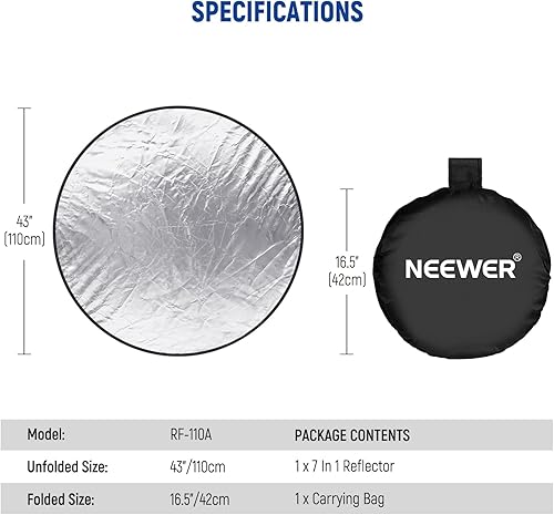 Miniatura 8 de NEEWER Reflector de fotografía de 43 pulgadas43.3 in, difusor reflector de luz desplegable 7 en 1 con bolsa, pantalla azul cromática azulverde,