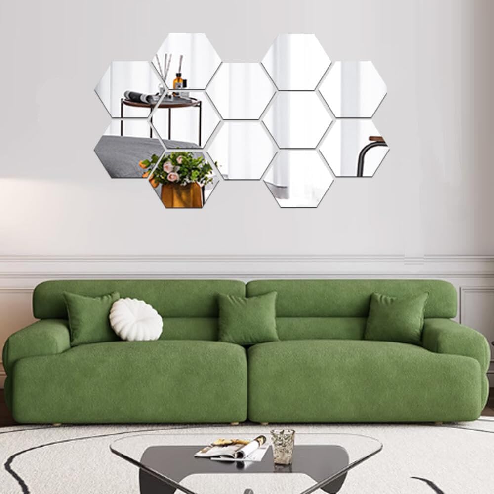 Goodern12PCS Silver Hexagon Mirror Wall Stickers,Removable DIY Acrylic Wall Decor,Mirror Tiles Self Adhesive Modern Decoration Wall Decal for Bedroom Living Room Sofa TV Background-S