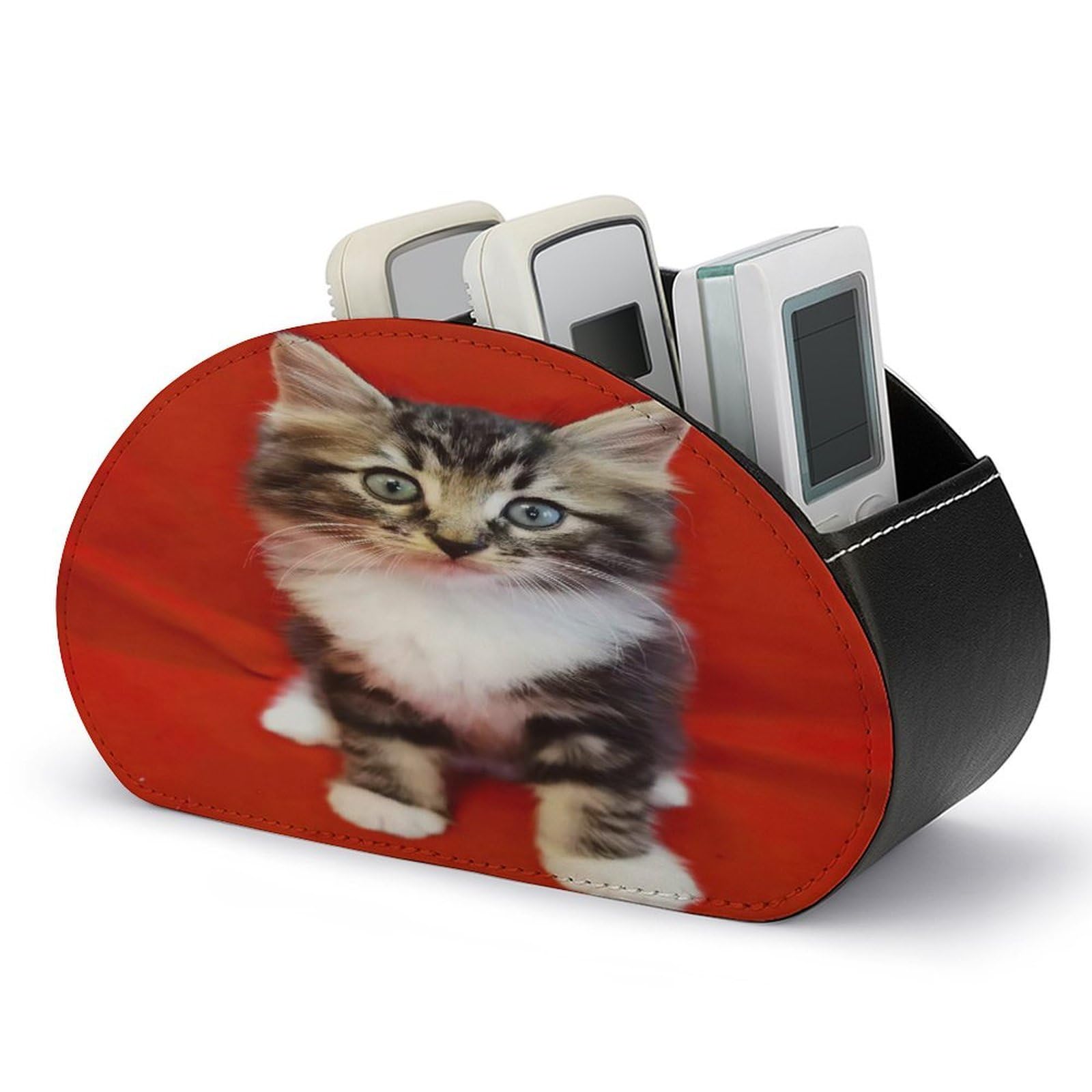 VstaDank Cat Remote Control Holder with 5 Compartments PU Leather Remote Caddy Desktop Organizer Store TV Remote Control Storage Box for Home Office Desk Nightstand