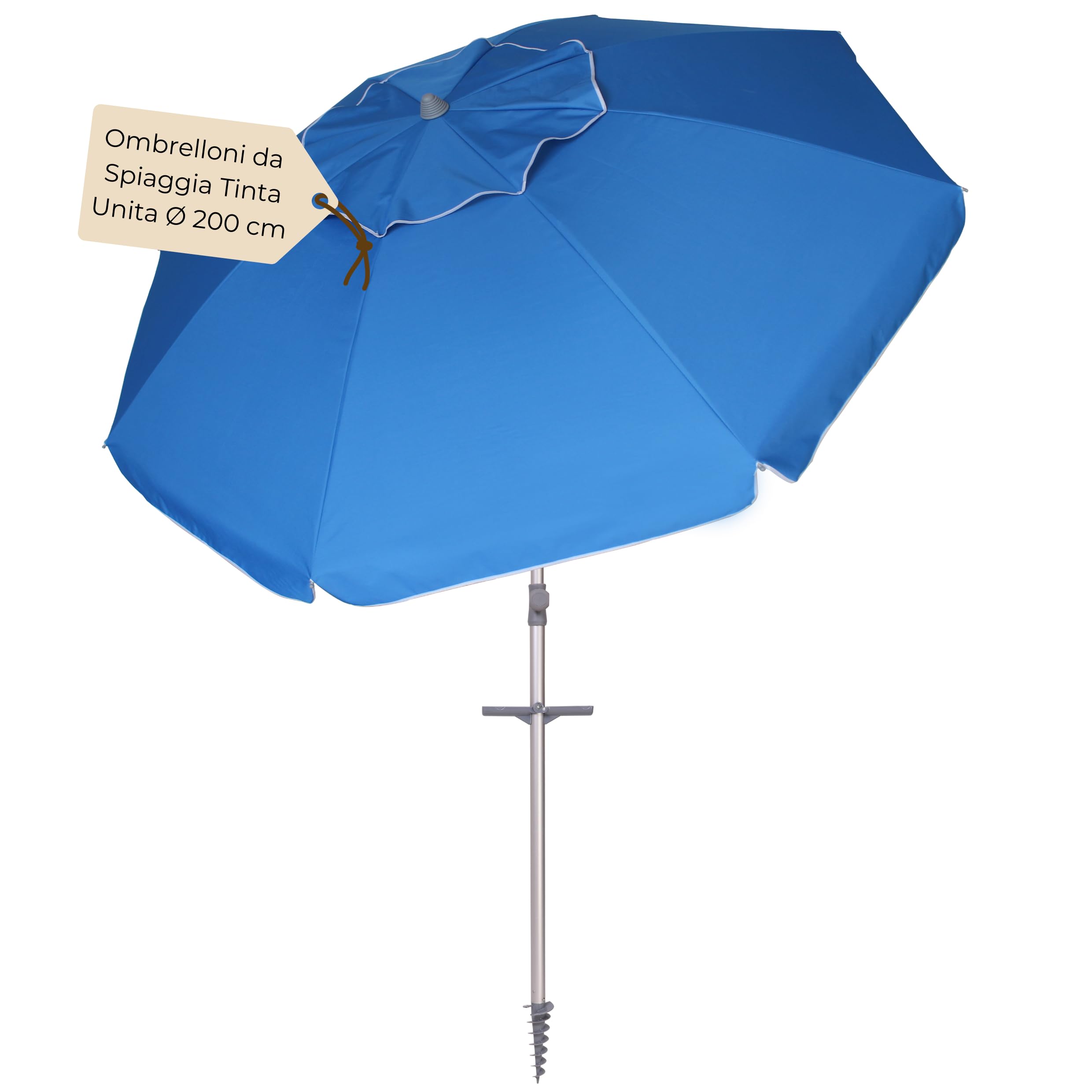 Ombrellone da Spiaggia Soffietto Antivento Ø 220cm Palo Inclinabile in Alluminio e Telo in Poliestere Azzurro Con Trivella in Plastica e Sacca Trasporto Protezione UV