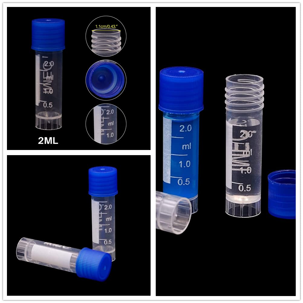 HUAZIZ 100 Piezas 2 Ml Tubos de Ensayo Plástico, Tubo Criogénico, Vial con Tapa de Tornillo Azul para Laboratorio