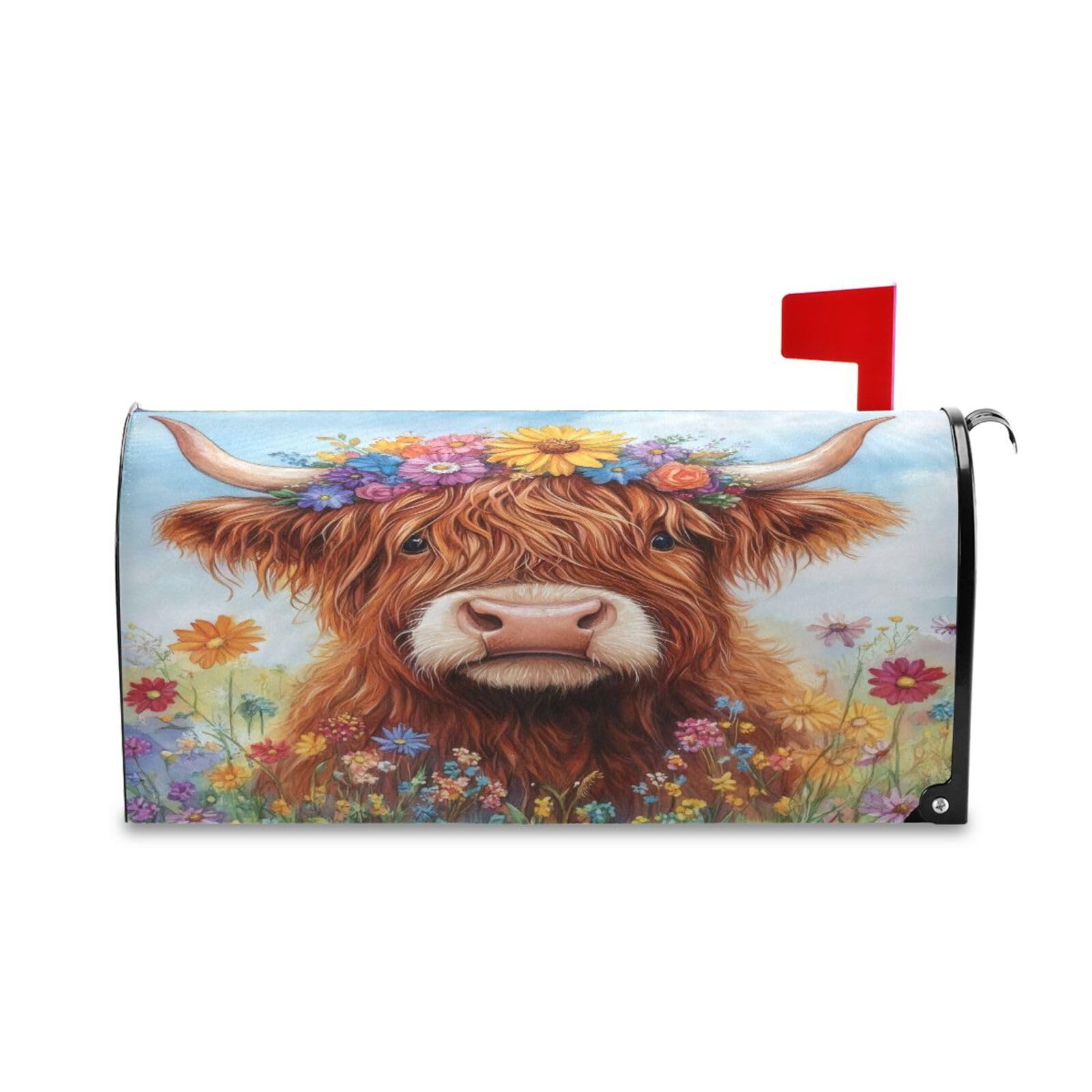 KJIZMO Highland Cow with Flowers Mailbox Cover Magnetic Post Letter Box Cover Wraps for Garden Yard Home Decor-18x20.7