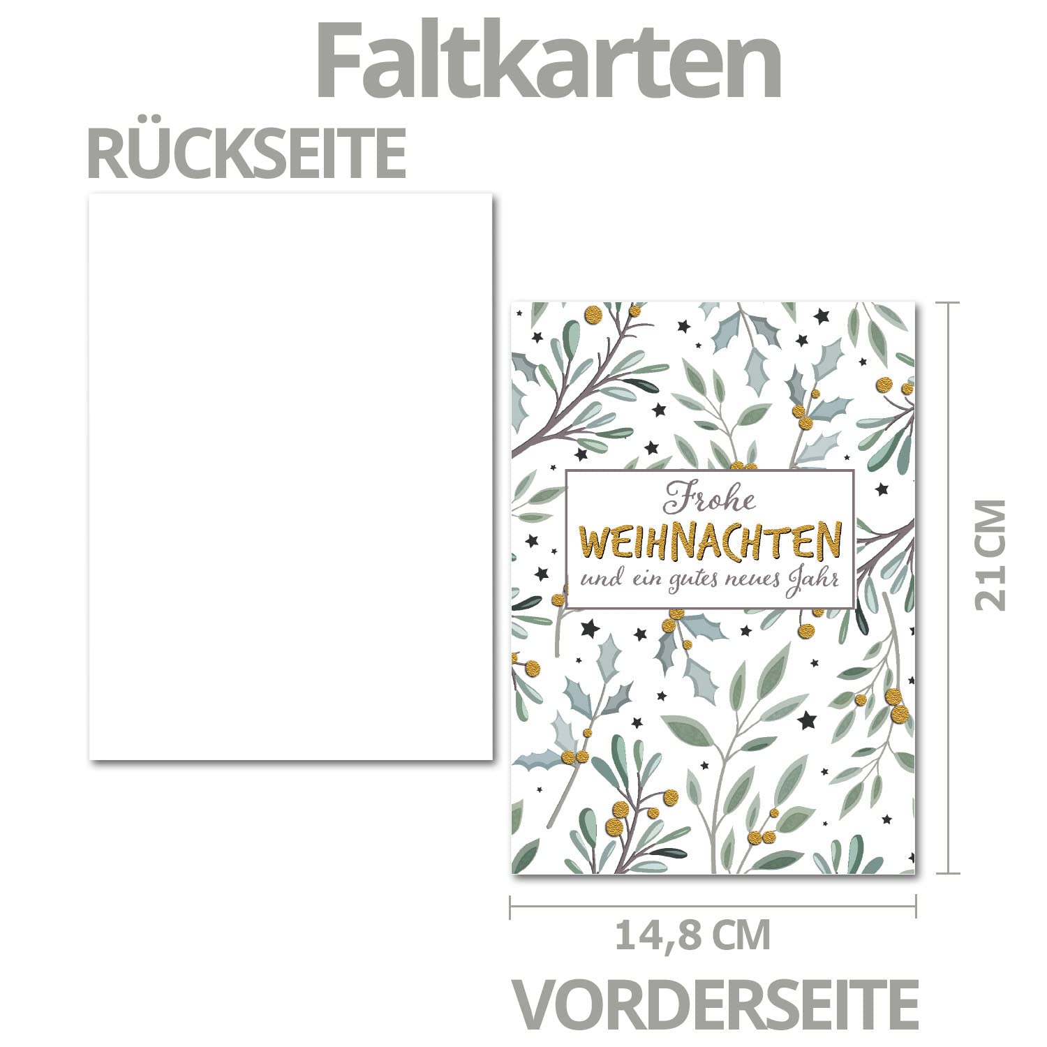 Lot de 75 cartes de Noël XL format A5 en blanc avec branches d'eucalyptus et de mistre – Cartes pliées avec enveloppes DIN C5 en papier kraft marron sable avec fermeture humide – Vœux de Noël pour