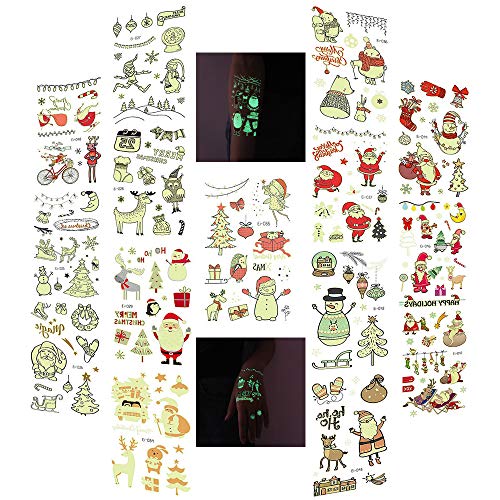 FANICEA Christmas Temporary Tattoos Waterproof Glow in the Dark Stickers Face Body Tattoos for Christmas Party Birthday Holiday Party, for Kids Adults (15 Sheets)