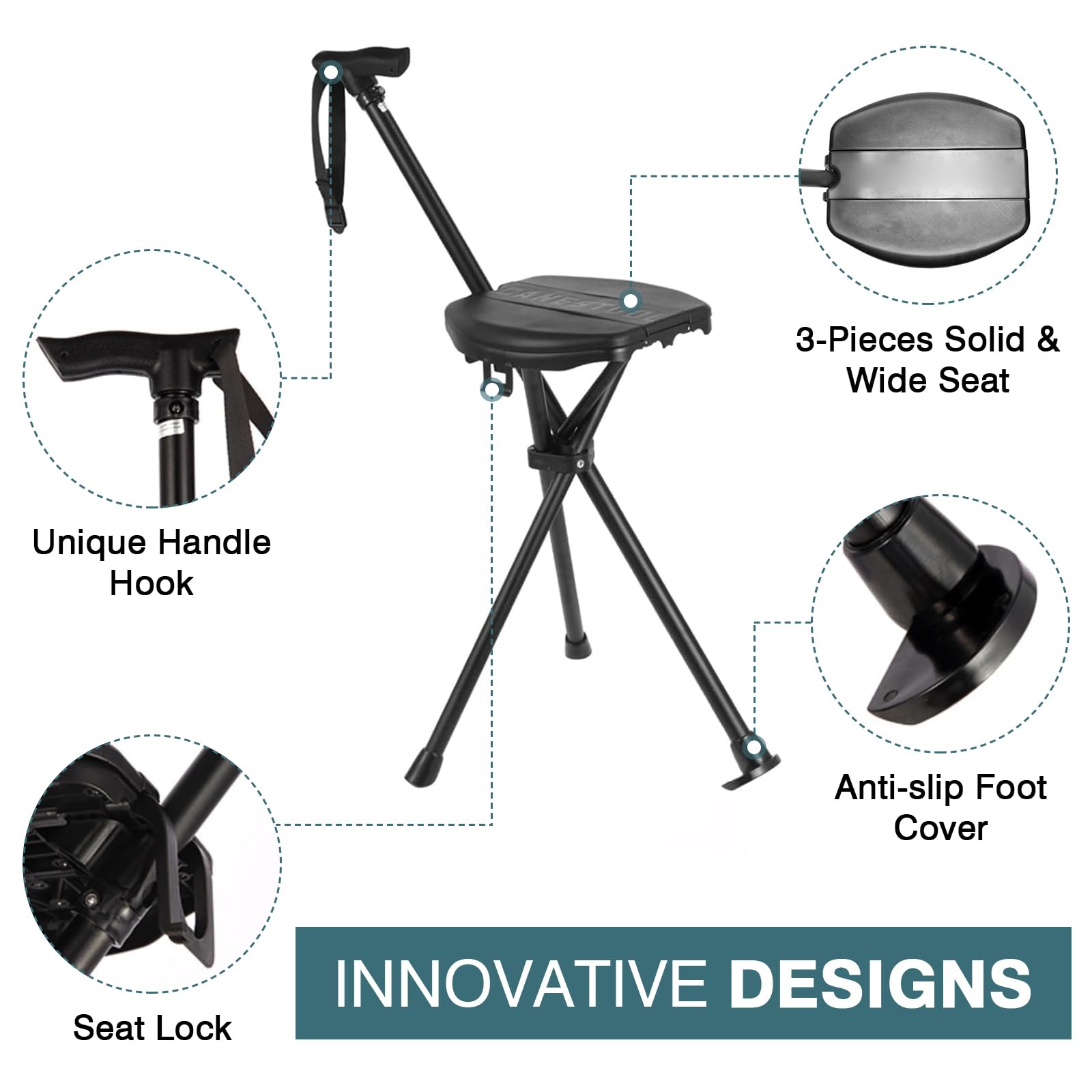 Bastón con asiento, 95-104 cm, plegable, bastón portátil, plegable, con bolsa de transporte, capacidad de carga de hasta 250 kg, bastón con asiento, bastón de senderismo plegable con asiento para