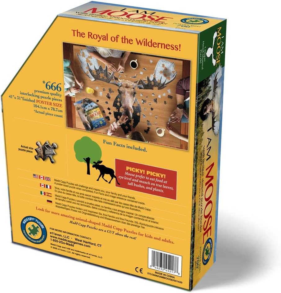 Madd Capp MOOSE 700 Piece Jigsaw Puzzle For Ages 10 and up - 3006 - Unique Animal-Shaped Border, Poster Size, Challenging Random Cut, Five-Sided Box Fits on Bookshelf, Includes Educational Fun Facts