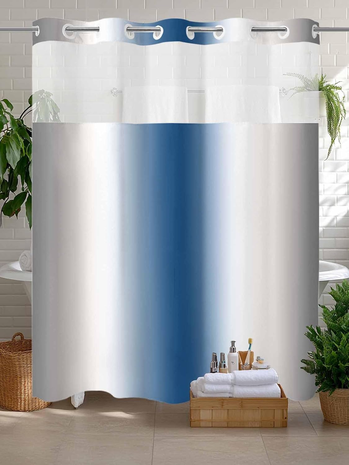 No Hooks Shower Curtain and Snap-in Liner Sets 60"x72",Abstract Blue Gray Color Ombre Waterproof Fabric Bath Curtain Double Layers Shower Curtains for Bathroom Hotel,Minimalist Stripe Texture