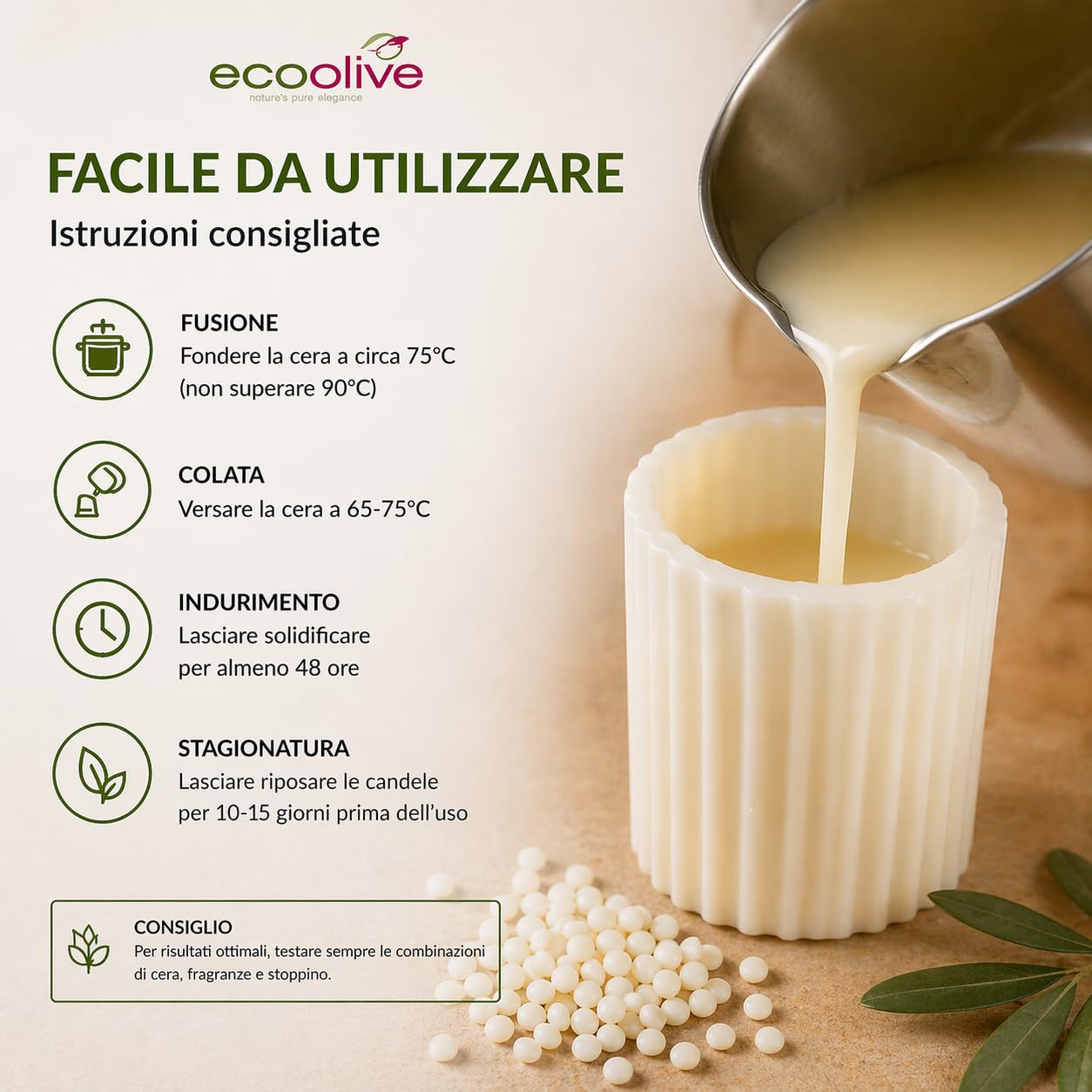 Generico Cera d’Oliva per Candele Eco Olive Pillar Blend – 100% Vegetale – Ideale per Candele in Stampo e Wax Melts – Alta Diffusione Fragranza – Vegan, Senza Paraffina – 1KG