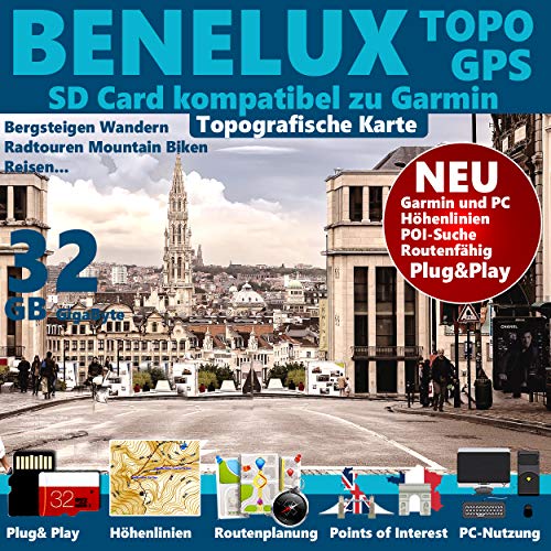 Belgien, Niederlande und Luxemburg (BeNeLux) Karte TOPO 32GB microSD. Topografische GPS Freizeitkarte für Fahrrad Wandern Touren Trekking Geocaching &