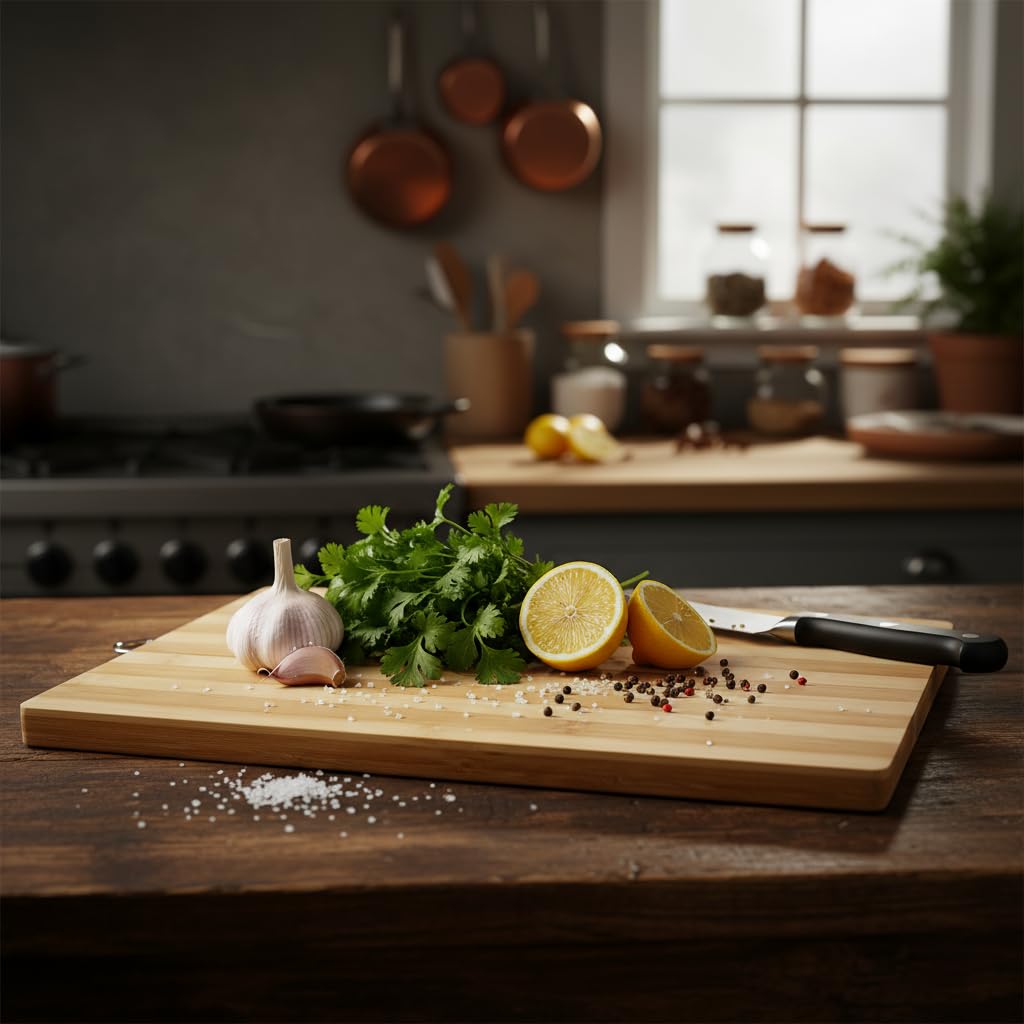 Deconox Yuvarlak Bambu Kesme ve Sunum Tahtası (Büyük Boy) | Antibakteriyel, Metal Kulplu Ahşap Pizza/Şarküteri Tahtası 24 * 34cm
