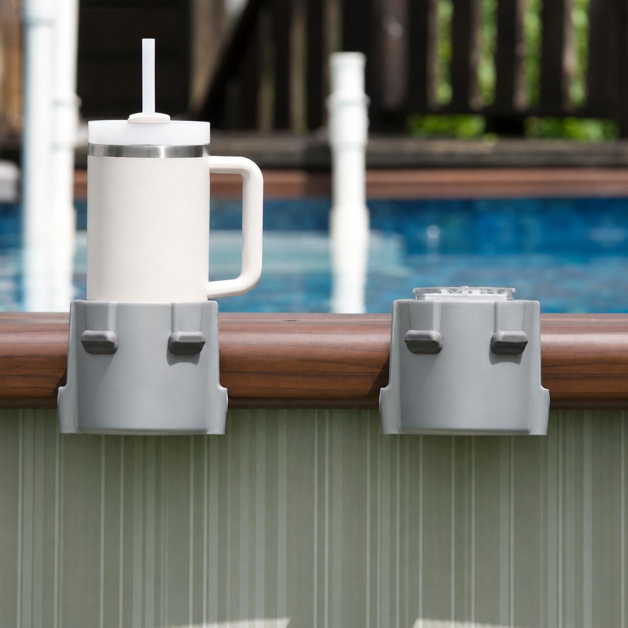 Photo 1 of 2-Pack Poolside Cup Holders for Square-Top Above Ground Pools, Adjustable Fit for Wide Edges, Non-Slip Silicone Grips, Fits Tumblers & Drink Bottles, Use on Deck, Boat & Patio, Dark Grey