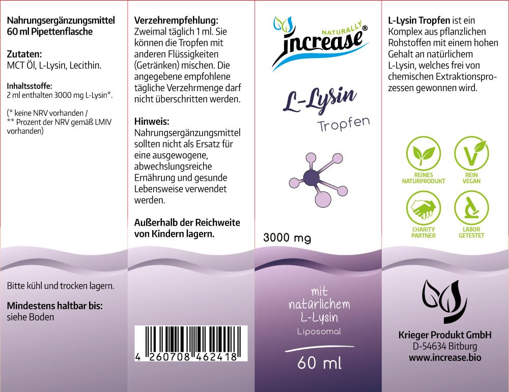 Liposomale L-Lysin Tropfen hochdosiert - (90.000mg pro Packung) 3000mg L-Lysin pro Tagesdosis - MCT Öl - Hohe Bioverfügbarkeit