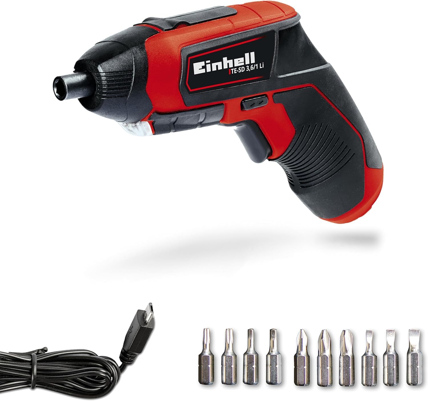Einhell Akkuschrauber TE-SD 3,6/1 Li (Li-Ion, 3.6 V, 4.5 Nm Drehmoment, Micro-USB-Lader, Magnetbithalterung, LED-Beleuchtung, Softgrip, inkl. 10-teiliges Bit-Set)