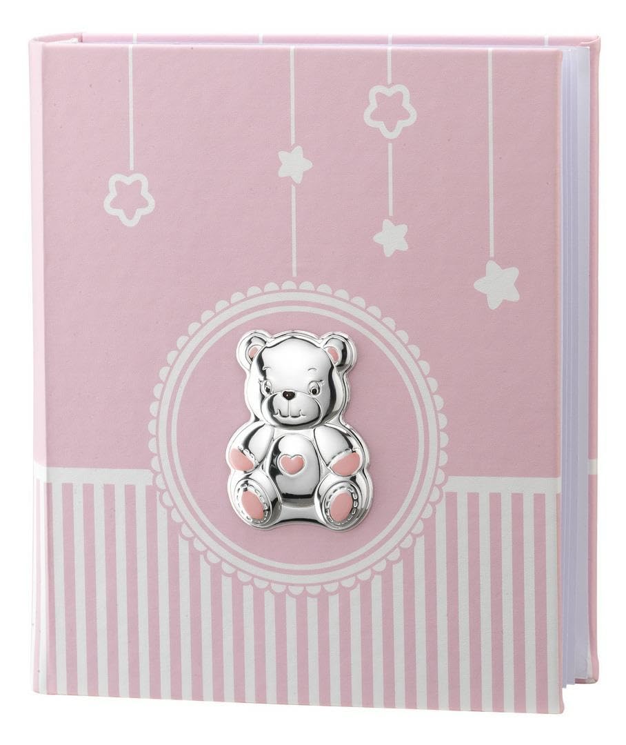 Álbum de fotos con osito de plata, 20 x 25 cm, rosa, diseño con estrellas y rayas