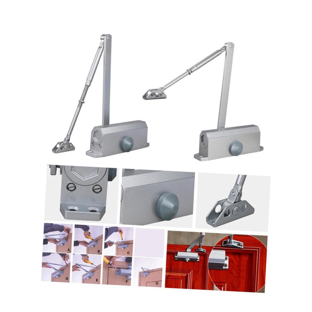 Grand Ferme-porte 75kg Taille 078, Fermeture Automatique 180° | Amortisseur en Acier Inoxydable Argenté, Vitesse Réglable en Continu, Fonction Butée 90° et Tampon