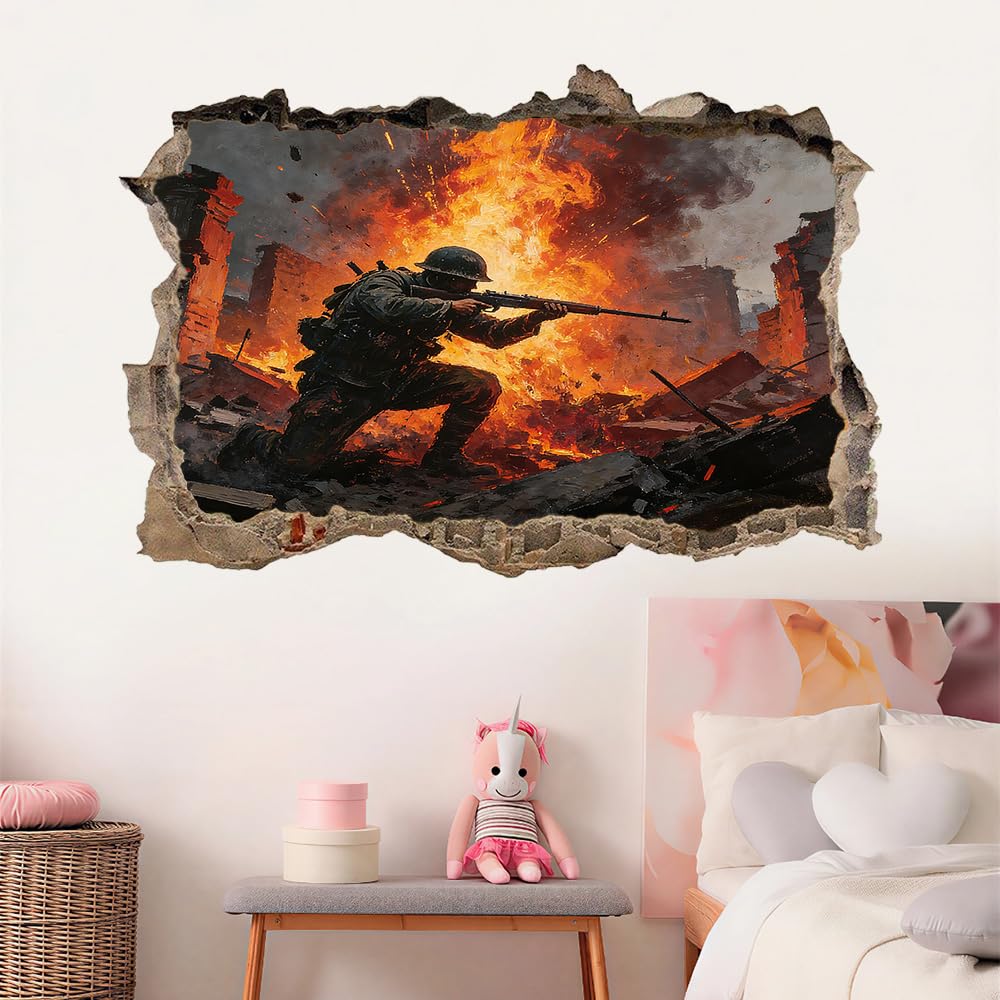 3D Wandtattoo Durchbruch Wanddeko Krieger Wanddurchbruch sticker Wandbild Wandsticker Rote Flamme Wohnzimmer Wanddeko Wandaufkleber für Kinderzimmer Teenager Zimmer