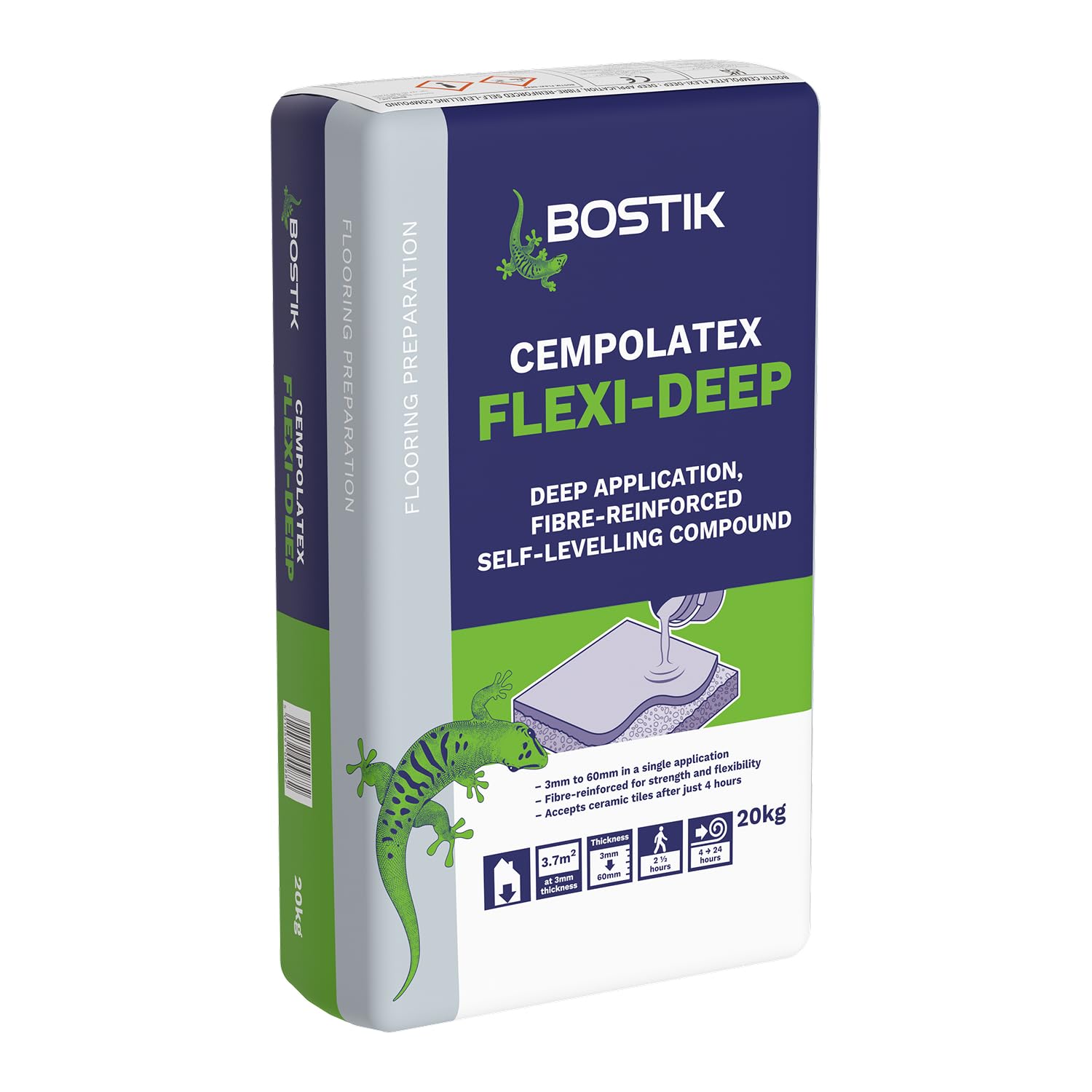 Bostik Cempolatex Flexi-Deep | Fibre-Reinforced Self-Levelling Compound | Deep Fill 3–60mm | 20kg Bag | Interior Floor Smoothing for Tiles, Carpet & Vinyl | Underfloor Heating Compatible