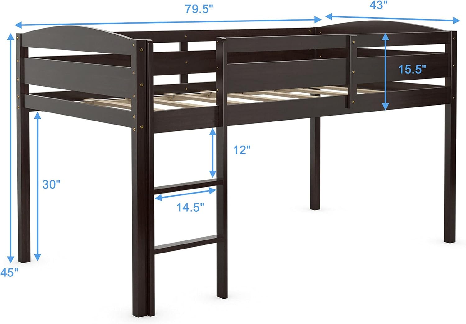 Diagram showing the dimensions of the DORTALA Loft Bed: 79.5 inches length, 43 inches width, 45 inches total height, 30 inches under-bed clearance, 15.5 inches guardrail height, and 12 inches between ladder steps.