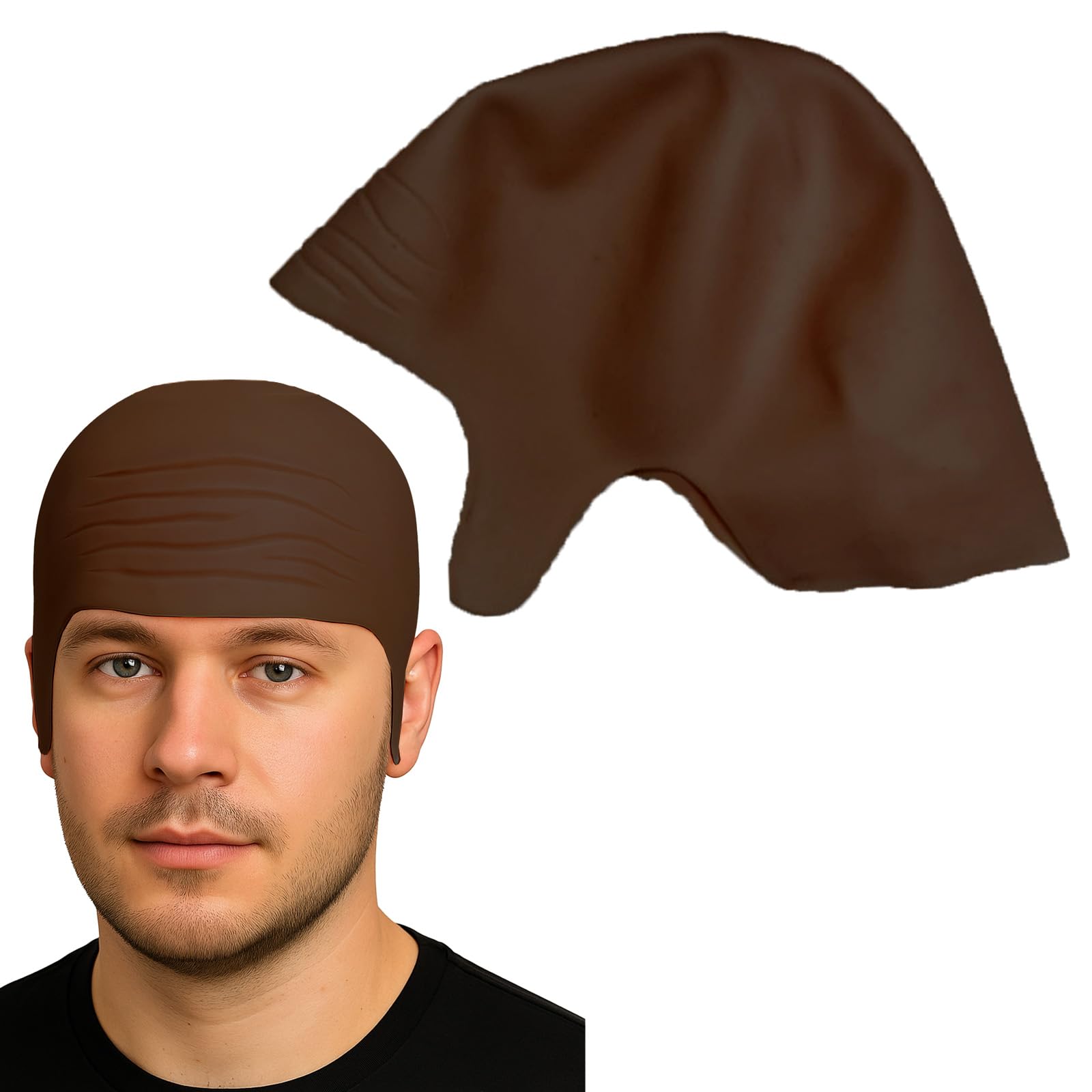 MUNSKT Latex Bald Cap with Long Ear, Full Cover Realistic Head Skull Wig, Thick Skin Fancy Dress Cosplay Hat, Bald Costume Accessory for Kids Adults Men Women Halloween Carnival