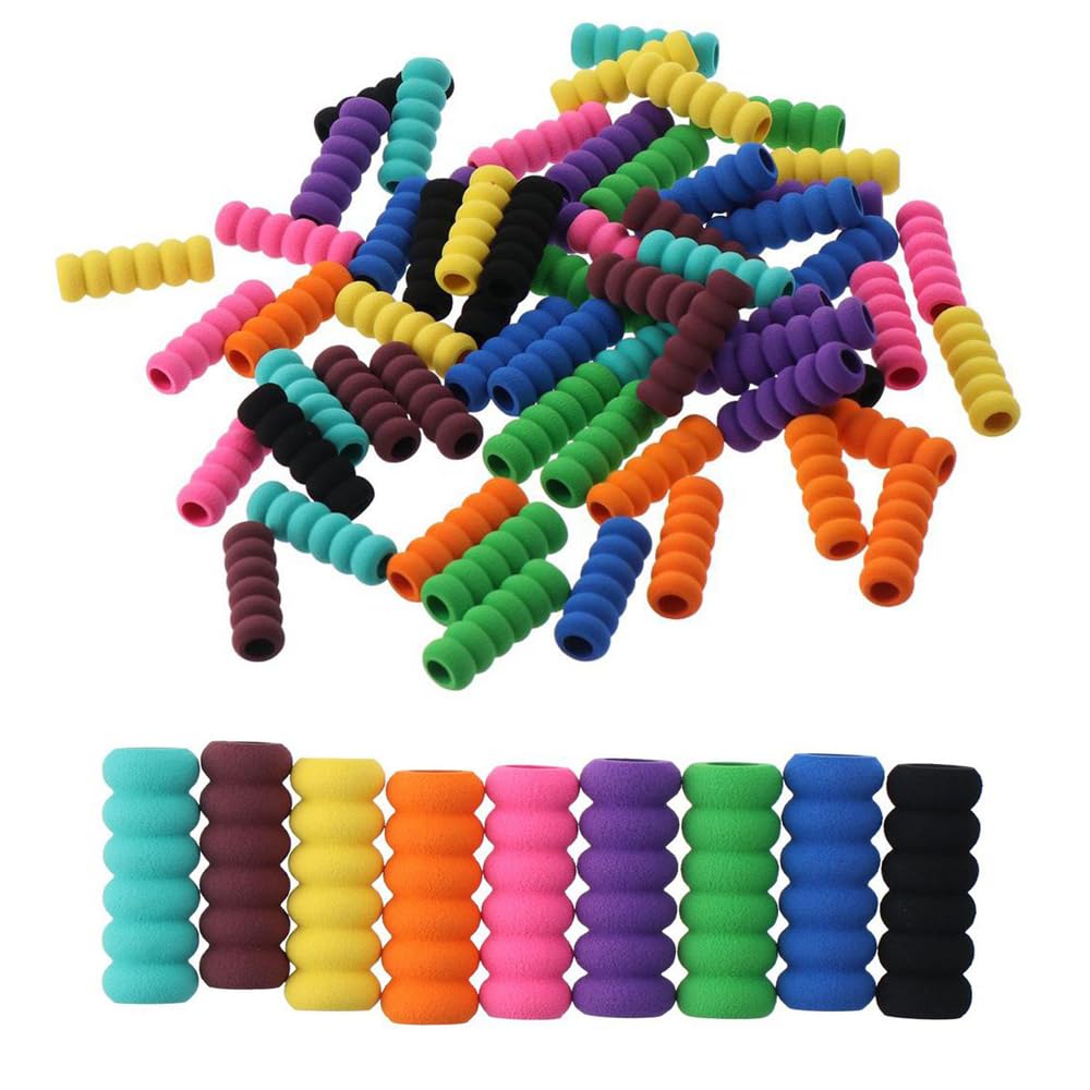 hobbyhub 60pcs Mixed Colors Soft Foam Pencil Grips,Random Colorful Painting Drill Pencil Pen Grippers for Drawing, Writing