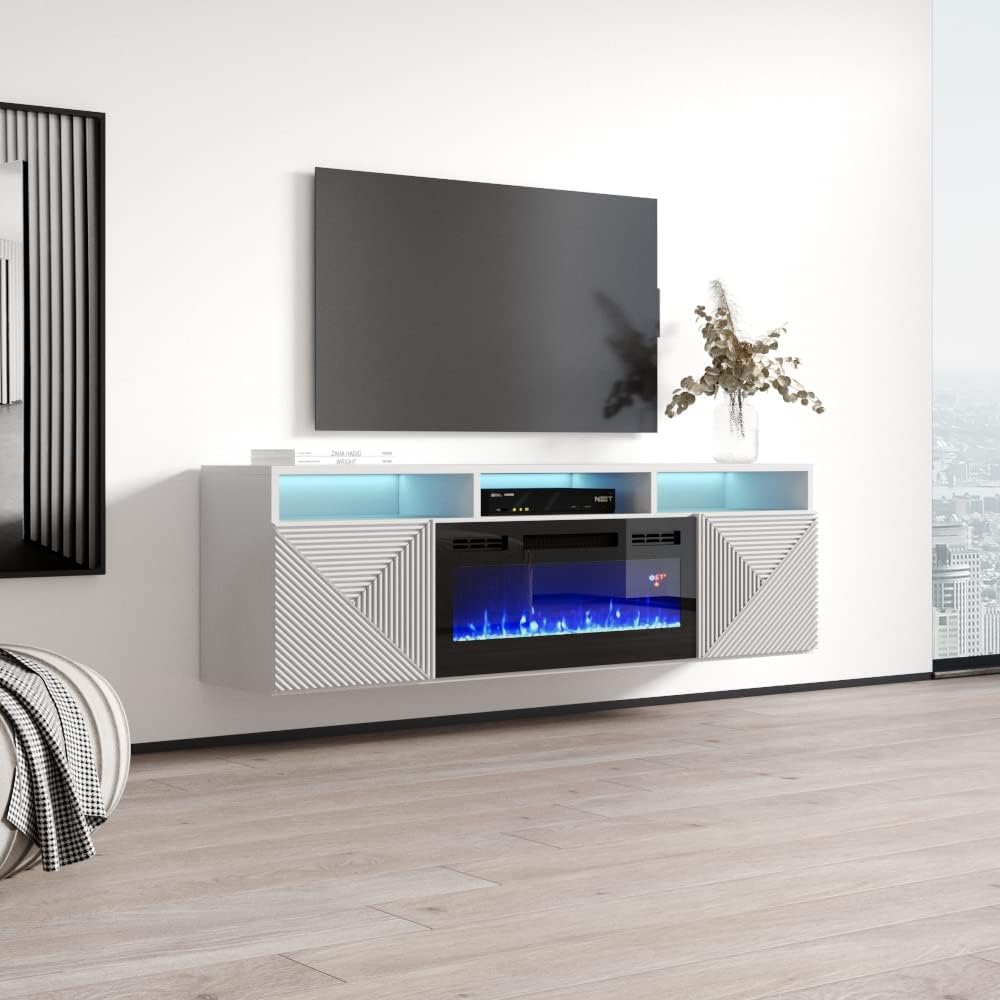 Meble Furniture Giza BL-EF 63'' Floating Fireplace TV Stand — Modern High Gloss with Storage Cabinets — Central Entertainment Console for TVs up to 70" — White, 63" W x 16" D x 24" H