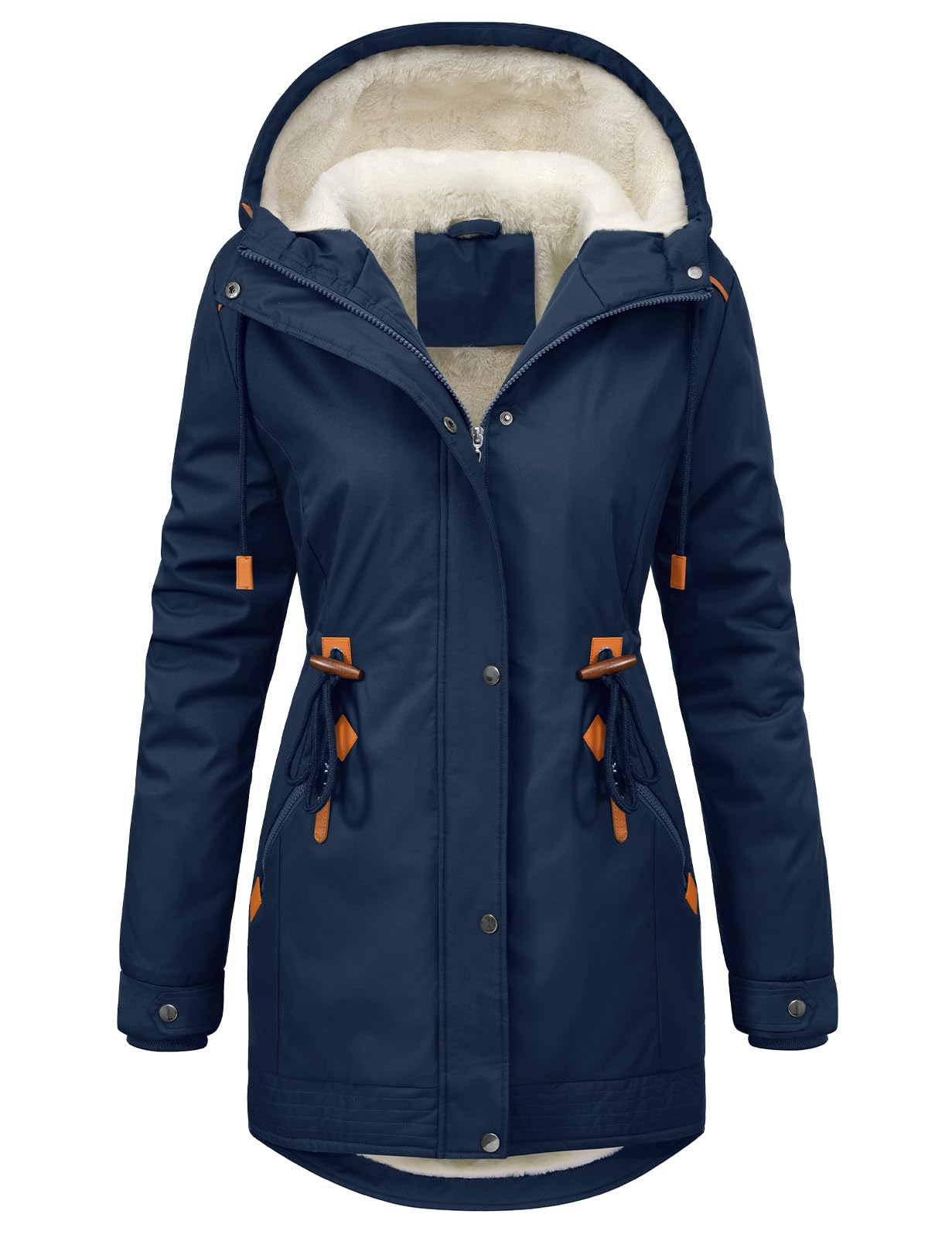 CMTOP Winterjacke Damen Warm Fleece Gefüttert Mittellang Wintermantel Parka | Verstellbare Kapuze & Kordelzug-Taille,Winddicht Reißverschluss,Mehr Taschen,Elegant Casual für Herbst Winter